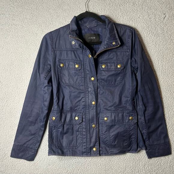 J.Crew Jacket Womens XS Downtown Field Jacket‎ Blue Waxed Cotton Coat Snap - Picture 1 of 10